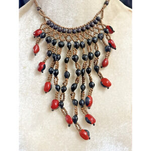 Vintage Tribal Choker Cascade Necklace Woven Seed Beads Rosary Peas 16" Long